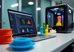 Рабочий стол малого 3D‑производства с ноутбуком показывающим интерфейсы Cura PrusaSlicer и Simplify3D принтером и напечатанными деталями