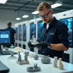 Небольшая мастерская 3D‑печати: оператор проверяет отпечатанную деталь на фоне принтеров и образцов продукции