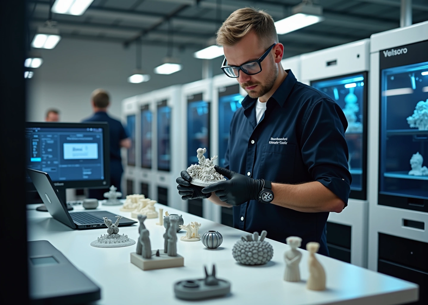 Небольшая мастерская 3D‑печати: оператор проверяет отпечатанную деталь на фоне принтеров и образцов продукции